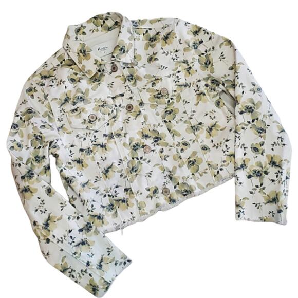 KanCan Cropped Floral Raw Hem Long Sleeve Short Denim Jean Jacket Small - Picture 1 of 8